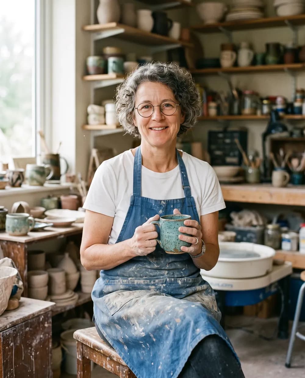 Keramikerin hält in ihrer Werkstatt eine frisch glasierte Tasse